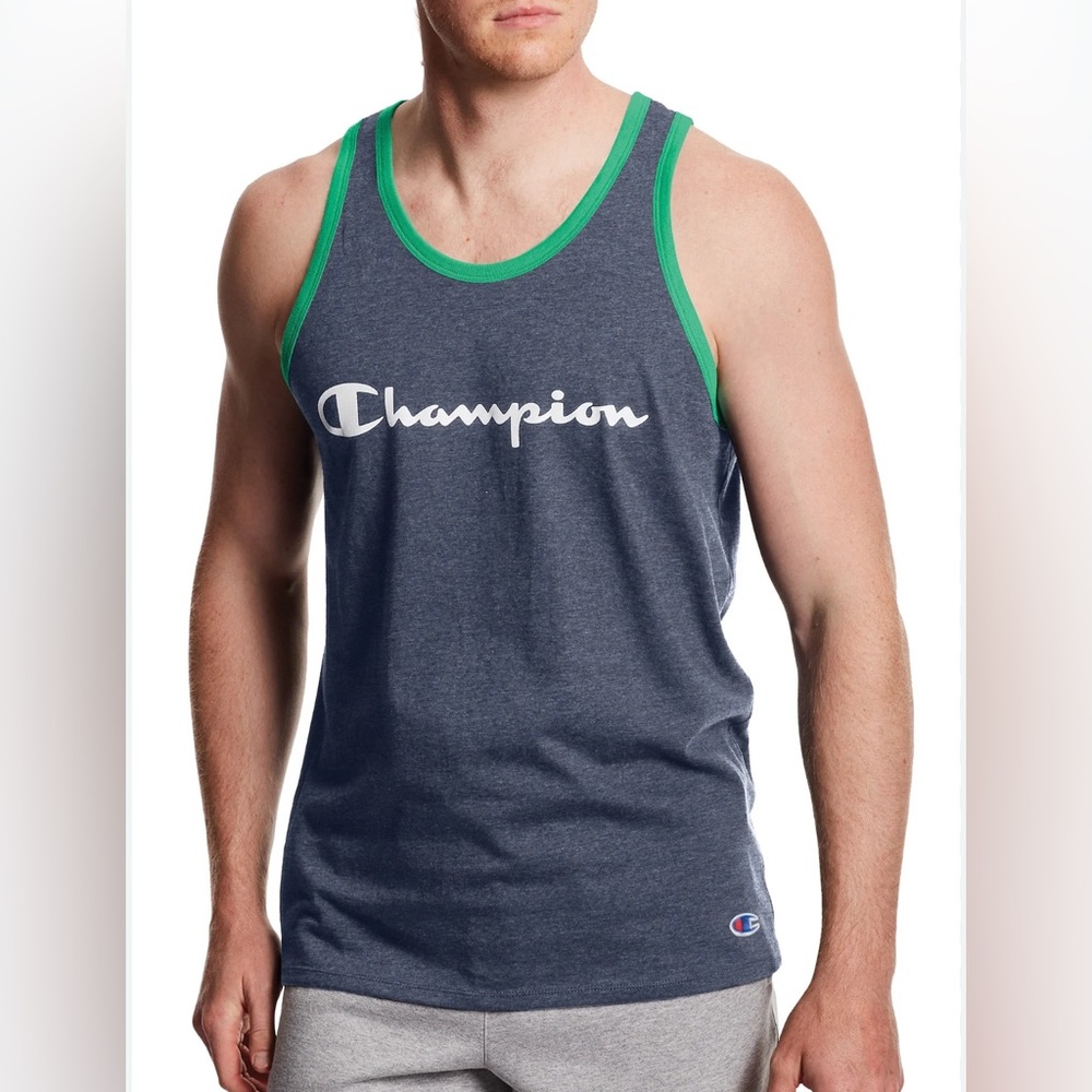 Champion Men’s Classic Navy With Green Trim Jersey Tank Script Logo Size Medium
